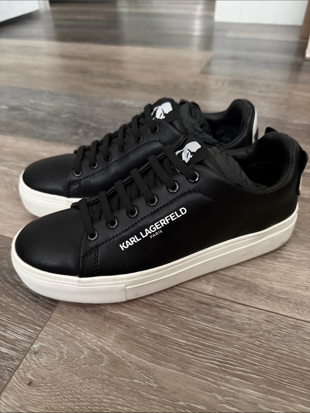 Karl Lagerfeld Black Leather Low-Top Sneakers with White Sole